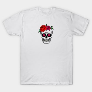 Loving skull N.1, with flower crown and glasses with pink hearts, special white backgrounds T-Shirt